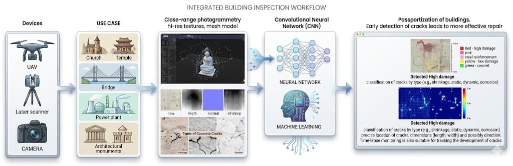 Integrated building inspection workflow: devices, use cases, photogrammetry, CNN, crack passportization